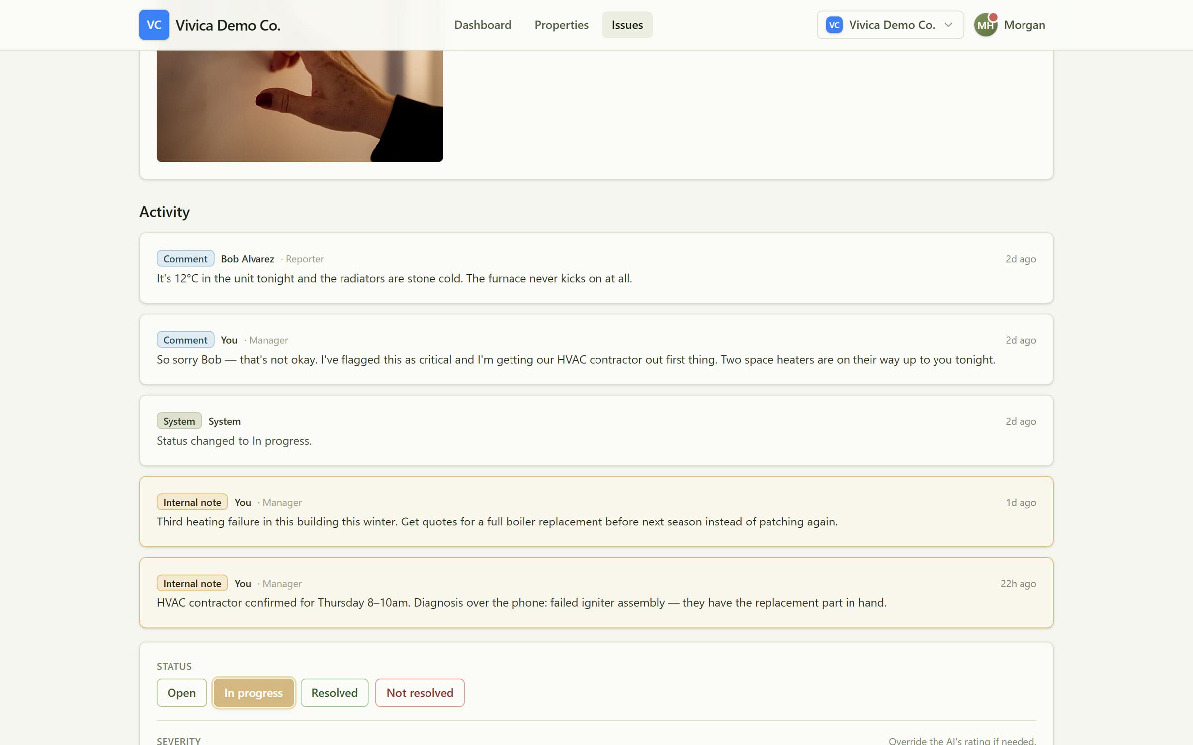 An issue activity timeline in Vivica showing tenant and manager comments, a system status change, and manager-only internal notes.