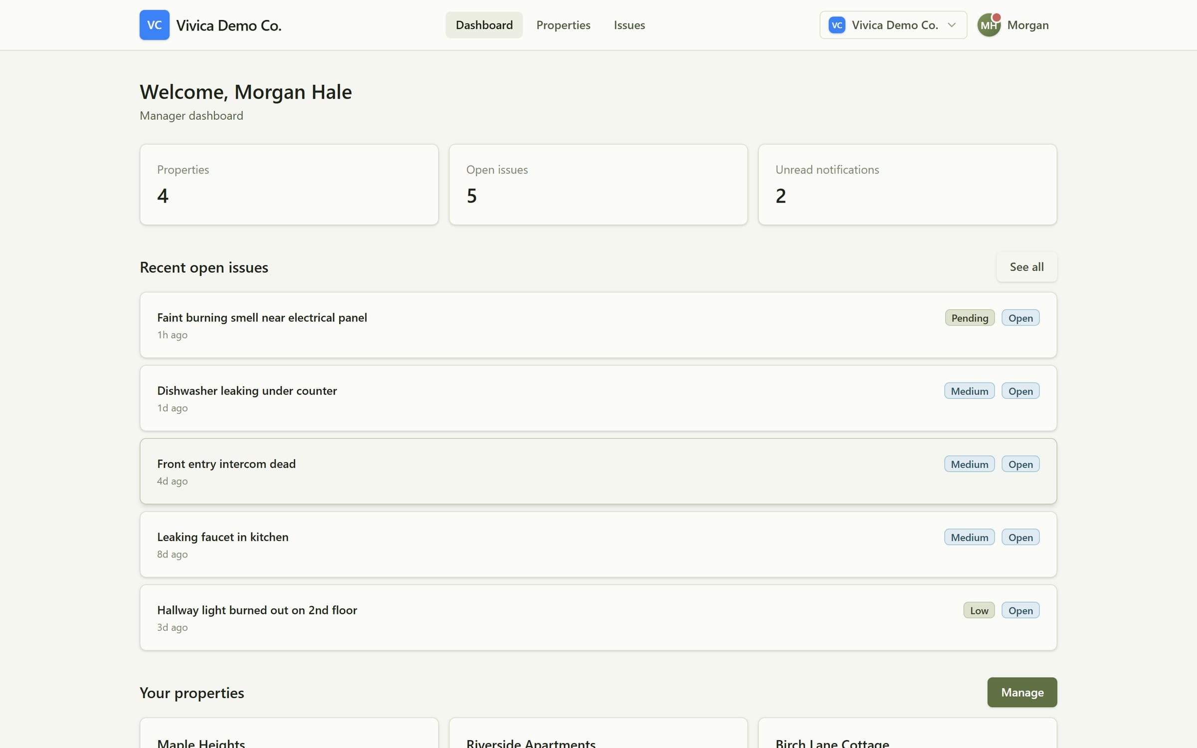 The Vivica manager dashboard: portfolio stats, recent open issues with AI-assessed severity badges, and property cards.