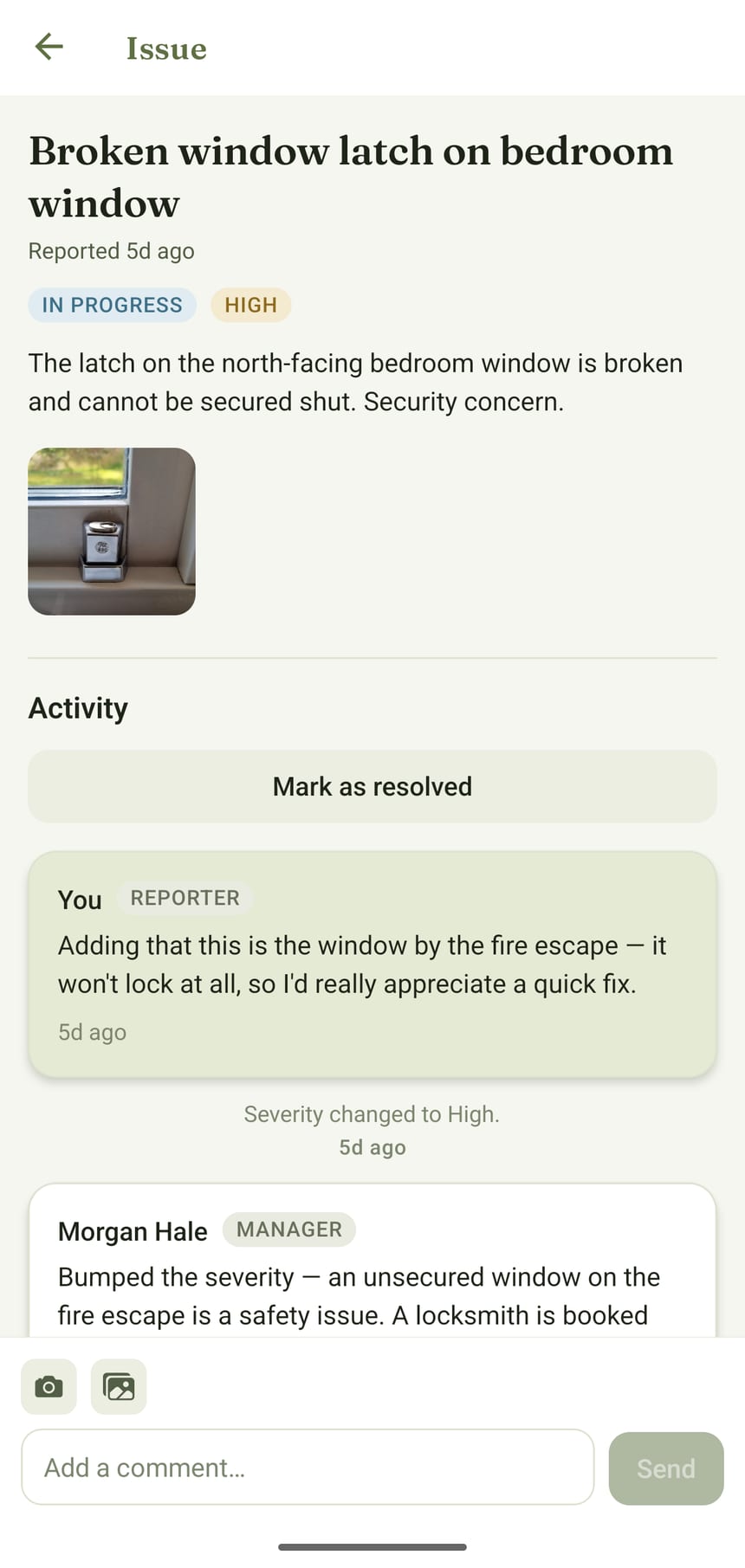 An issue in the tenant app with severity and status badges, a photo and a comment timeline.