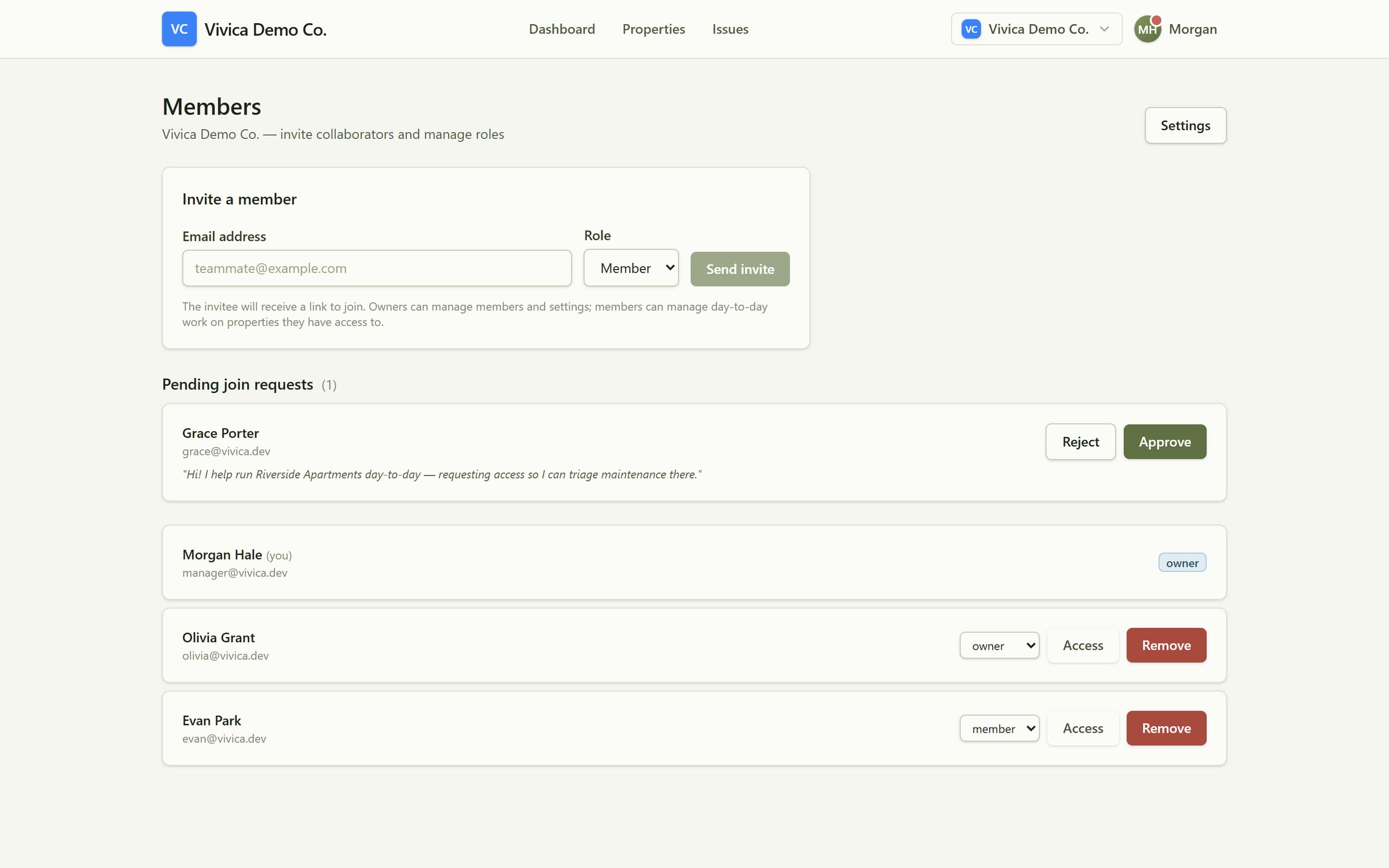 The Vivica members screen showing an invite form, a pending join request awaiting approval, and member roles.